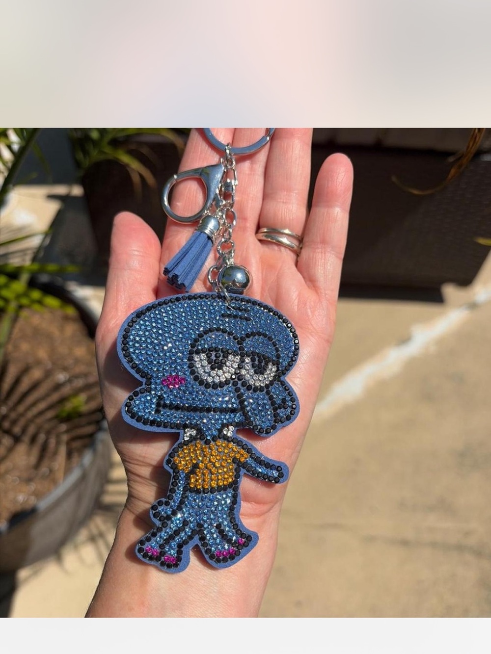 Blue Crystal Squidward Character Keychain with Tassel